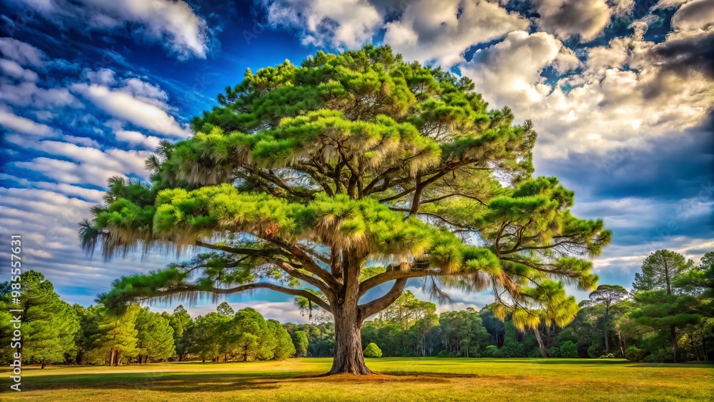 In a tranquil natural setting, a grand Southern Pine represents South Carolina's state tree, embodying strength and In a tranquil natural setting, a grand Southern Pine represents South Carolina's state tree, embodying strength and