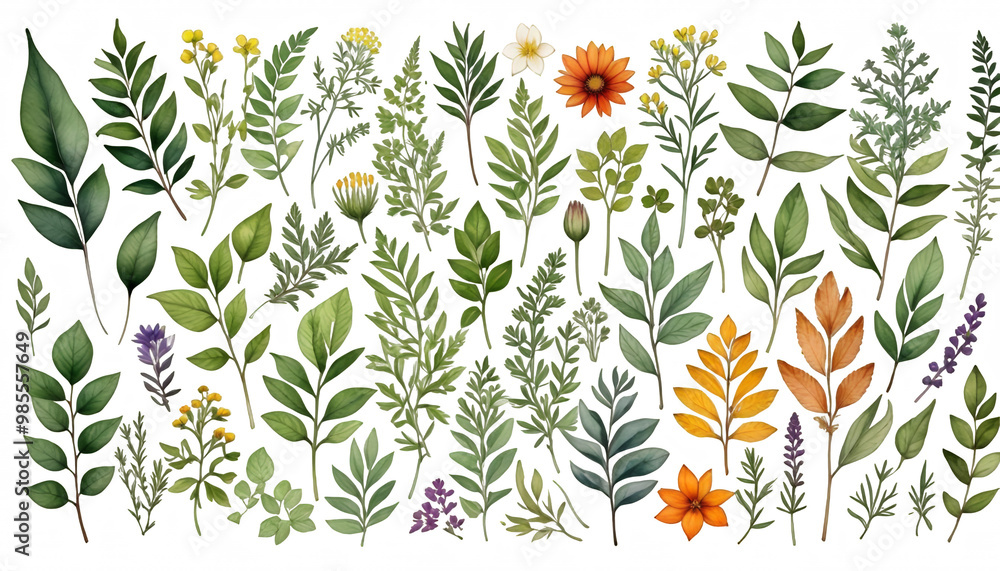 drawings rbs pink set leaves plants flowers watercolor botanical collection other white illustration olated elements wild background natural branches all garden flowers watercolor set twig leaf plant
