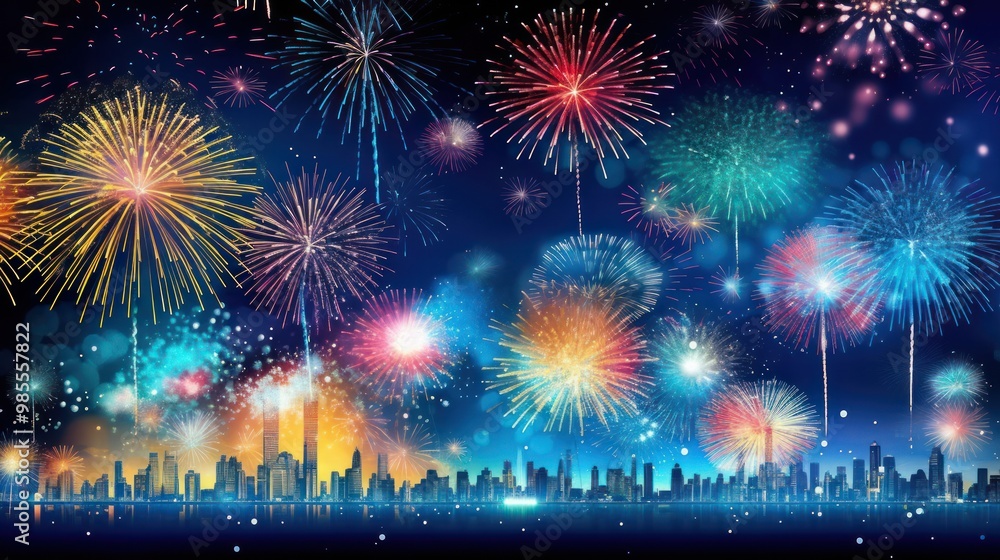 Fireworks Display Over City Skyline Fireworks Display Over City Skyline