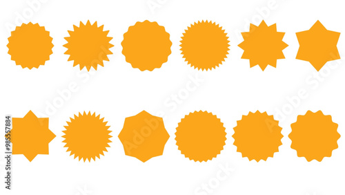 Circle sticker set. Wavy edge promo yellow badges. Star burst shape tags for price. Blank sale stickers. Simple silhouette. Flat vintage labels. Vector Graphic illustration
