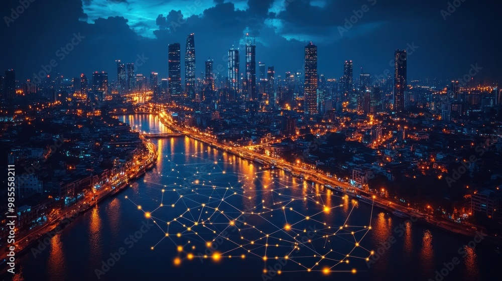 Fototapeta premium Night Cityscape with River and Network