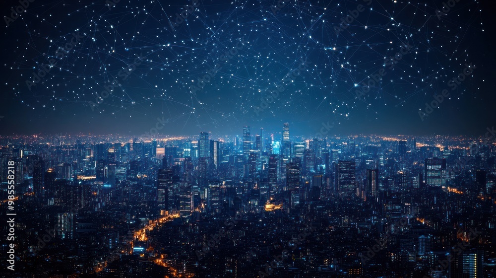 Fototapeta premium Night Cityscape with Starry Sky and Connections