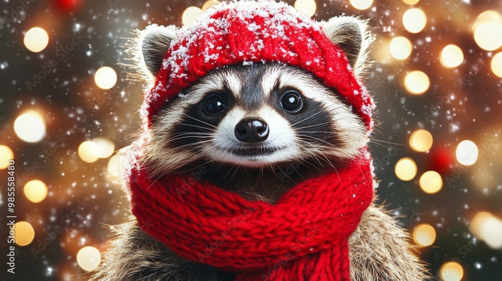 A raccoon wearing a red knit hat and scarf smiles at the camera, surrounded by softly glowing holiday lights and falling snow in a winter setting. A raccoon wearing a red knit hat and scarf smiles at the camera, surrounded by softly glowing holiday lights and falling snow in a winter setting.