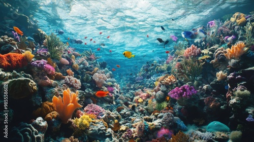 A colorful coral reef with many fish swimming around