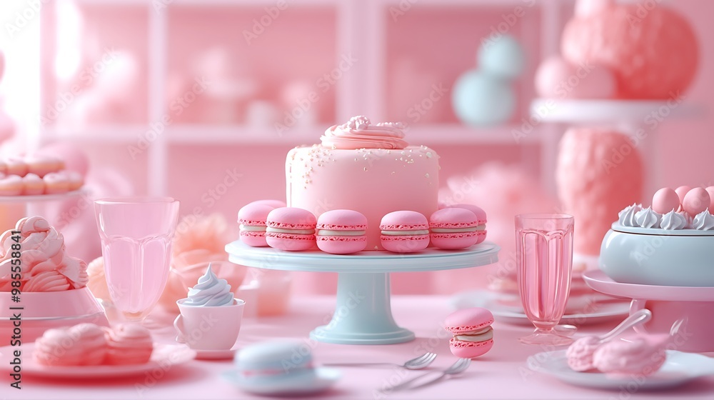 A pink and blue cake with macarons on a table setting with other pastel desserts. A pink and blue cake with macarons on a table setting with other pastel desserts.