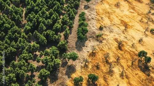 A lush green forest is next to a dry, brown field