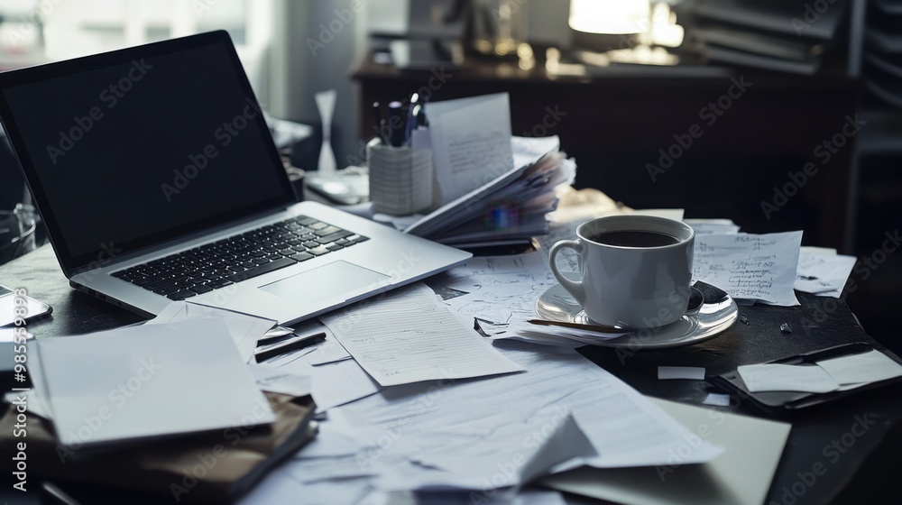 coffee, and an open laptop, representing work-related stress, shot in a clean and minimalistic setting coffee, and an open laptop, representing work-related stress, shot in a clean and minimalistic setting
