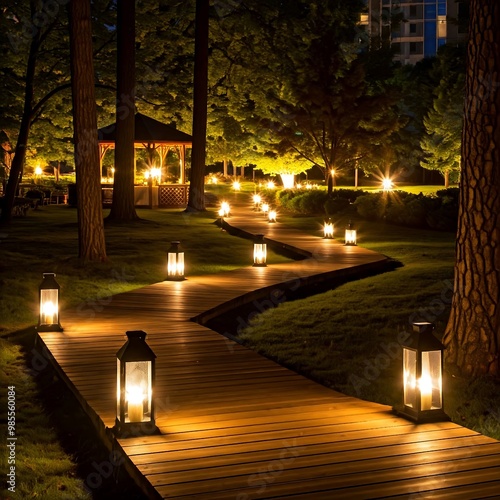 Wooden pathway with lighting lantern in the hotel garden at night, exterior home decoration design concept photo