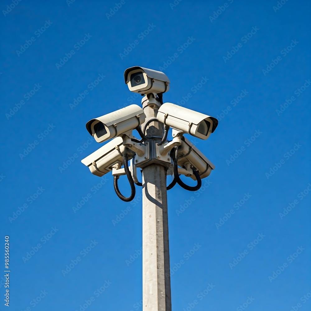 Security cameras on the white pole against blue sky Security cameras on the white pole against blue sky