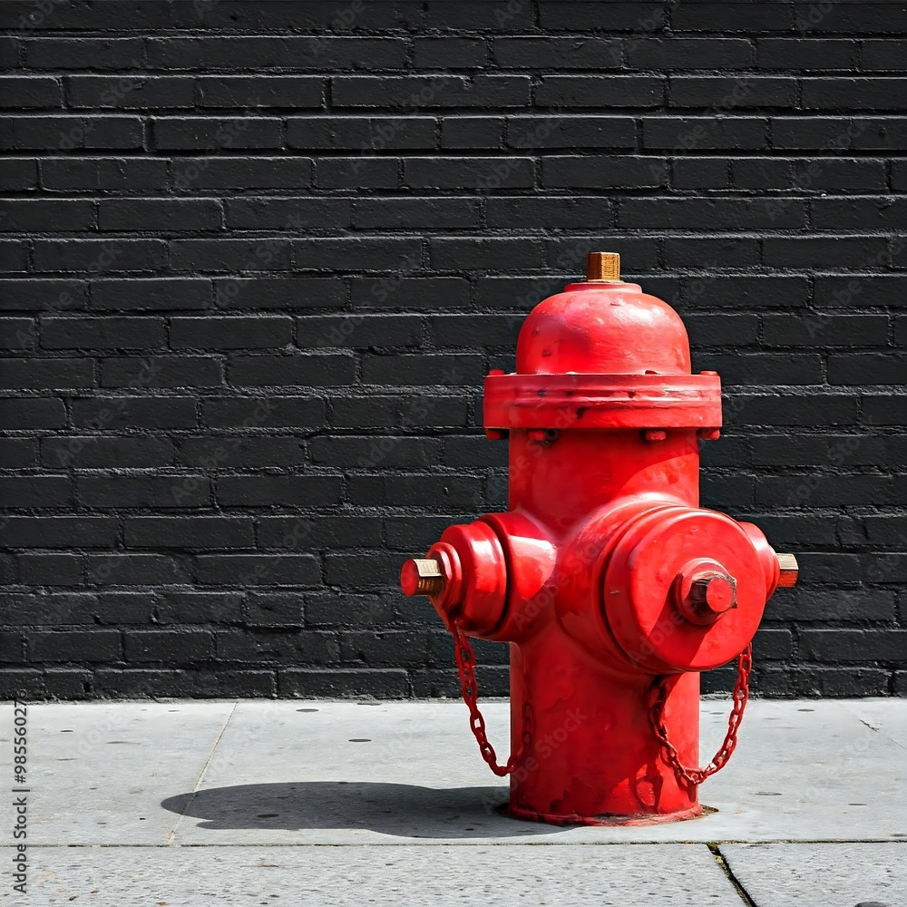 A red fire hydrant on the sidewalk of the city street on black wall A red fire hydrant on the sidewalk of the city street on black wall