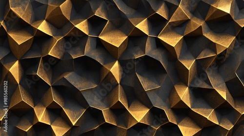 An abstract geometric background features an intricate geometric tessellation in gold and black, showcasing repeating patterns
