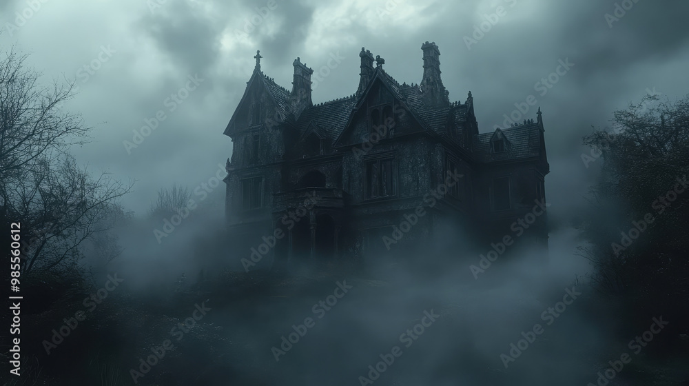 The old haunted mansion, with its intricate gothic architecture, emerges ominously from the dense fog, casting long shadows that dance in the moonlight. The old haunted mansion, with its intricate gothic architecture, emerges ominously from the dense fog, casting long shadows that dance in the moonlight.