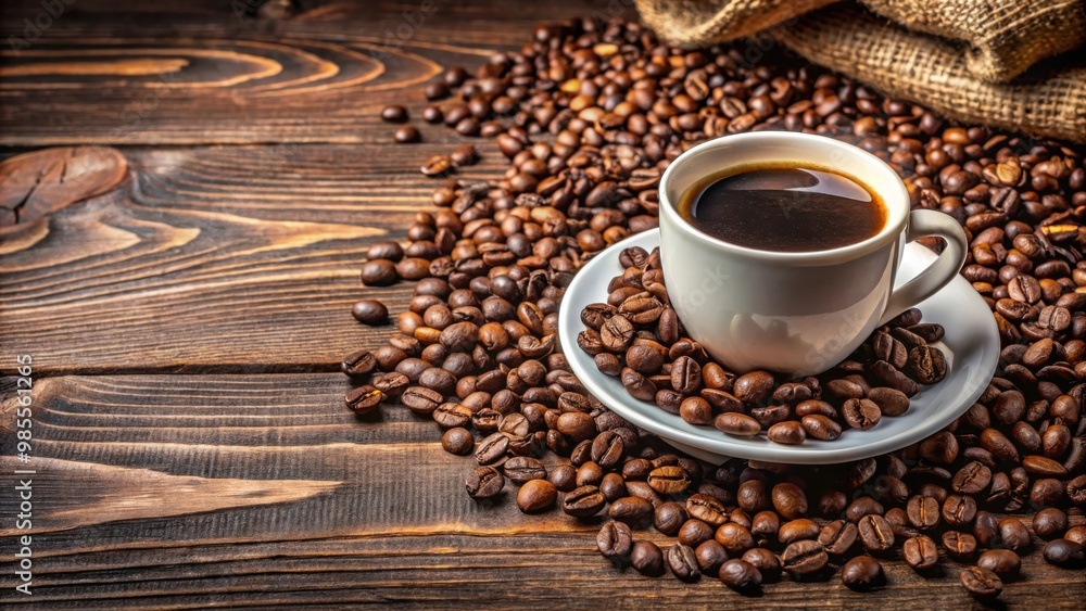 A close-up photo of coffee beans and a coffee cup on a wooden table A close-up photo of coffee beans and a coffee cup on a wooden table