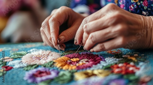close-up of a woman's hands using the punch needle method of embroidery. A woman creating art by hand. artisanal needlework.