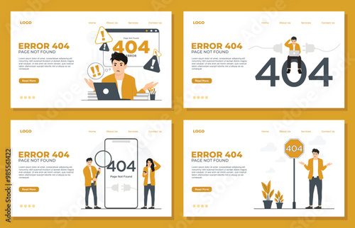 Network Error 404 concept for landing page template Set Landing page template of 404 error page. Page not found