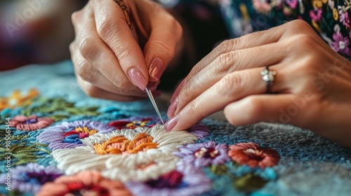 close-up of a woman's hands using the punch needle method of embroidery. A woman creating art by hand. artisanal needlework.