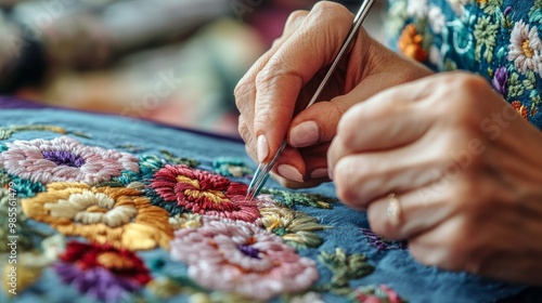 close-up of a woman's hands using the punch needle method of embroidery. A woman creating art by hand. artisanal needlework.