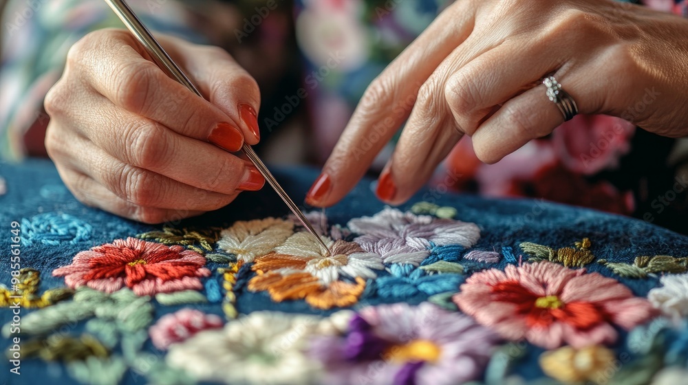 close-up of a woman's hands using the punch needle method of embroidery. A woman creating art by hand. artisanal needlework. close-up of a woman's hands using the punch needle method of embroidery. A woman creating art by hand. artisanal needlework.
