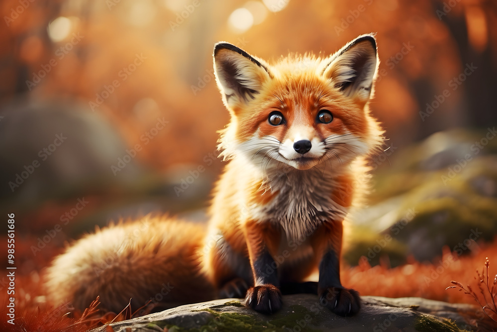 Obraz premium Smiling Fox: A cute, bushy-tailed fox with a bright smile and sparkling eyes
