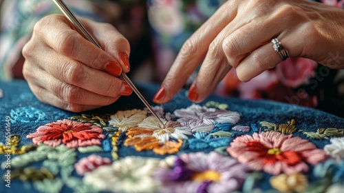 close-up of a woman's hands using the punch needle method of embroidery. A woman creating art by hand. artisanal needlework.
