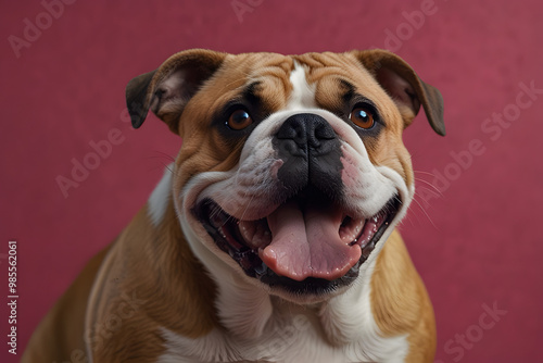 Smiling Bulldog dog with happy expression face Isolated on magenta, hot pink background detail prompt