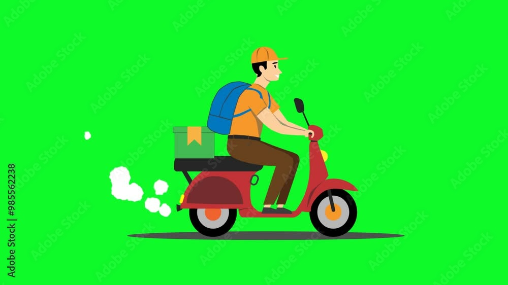 Animation of delivery boy riding scooter with delivery box. delivery service concept, video animation. greenscreen Animation of delivery boy riding scooter with delivery box. delivery service concept, video animation. greenscreen