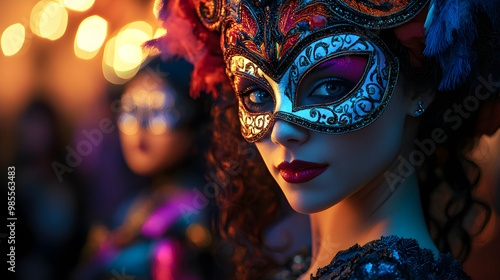 Mystery Unveiled: Portrait of a Masquerade Girl at Halloween Party with Friend in Enigmatic Background