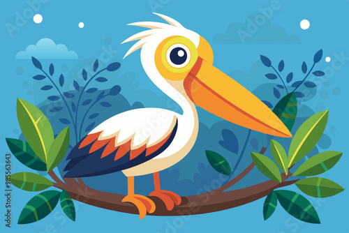 A cartoon-style pelican perched on a branch. The pelican has a large orange beak, white feathers, and black-tipped wings. It is standing on a branch with green leaves. The background is a solid blue c