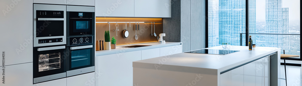 Fototapeta premium Modern kitchen interior with sleek design and city view.