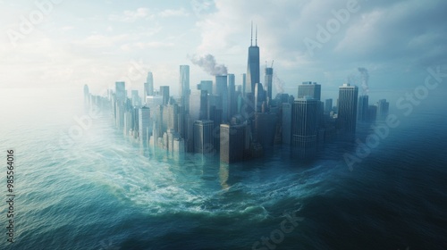 A city is shown in the middle of a body of water