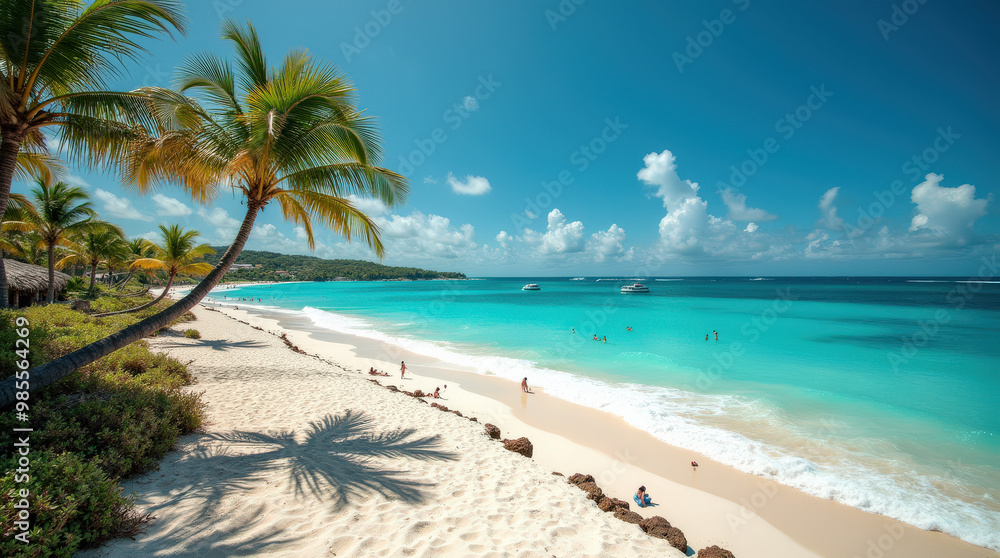 Fototapeta premium Vibrant Tropical Beach and Sunset Photos - Idyllic Coastlines, Crystal Blue Waters, and Lush Palms in Bali and Tulum