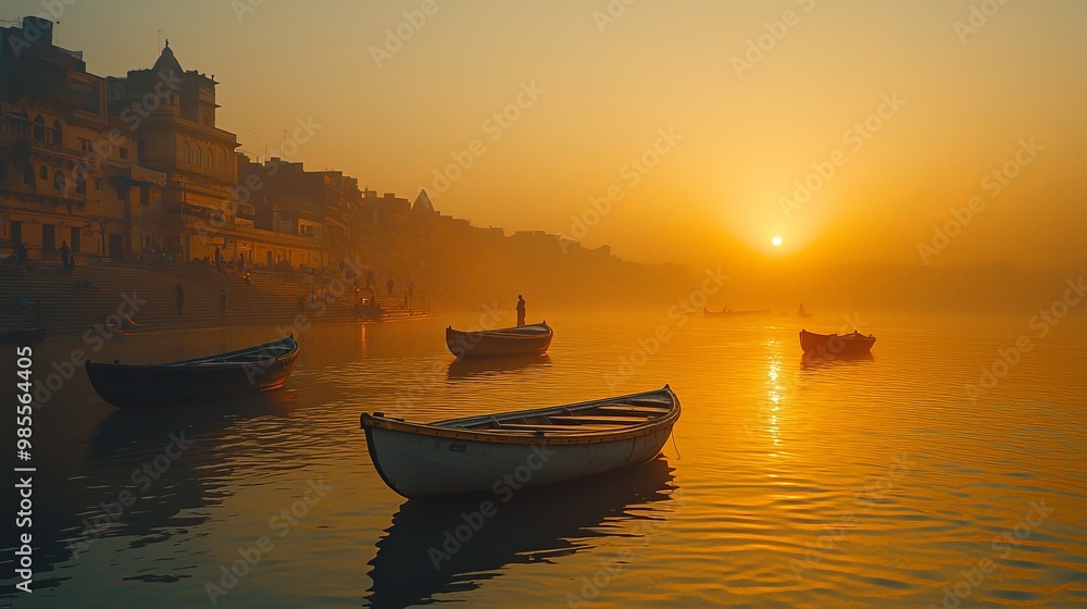 Peaceful morning scene on the Ganges River with boats and misty light in Varanasi Peaceful morning scene on the Ganges River with boats and misty light in Varanasi