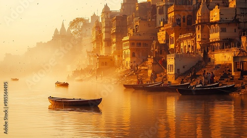 Serene sunrise over the Ganges River with boats near the ancient ghats of Varanasi photo