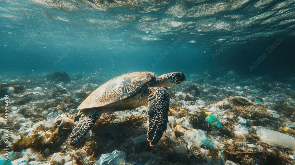 Naklejka premium A turtle is swimming in the ocean with plastic debris in the water