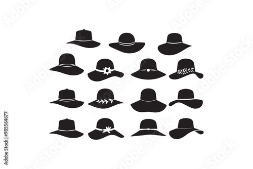 set of woman's hat collection clipart vector silhouette isolated in white background