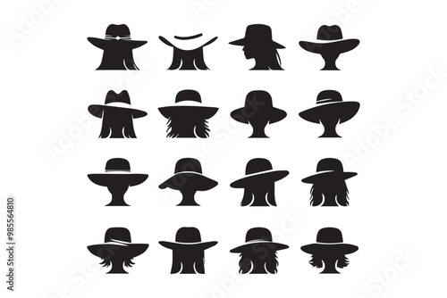 set of woman's hat collection clipart vector silhouette isolated in white background