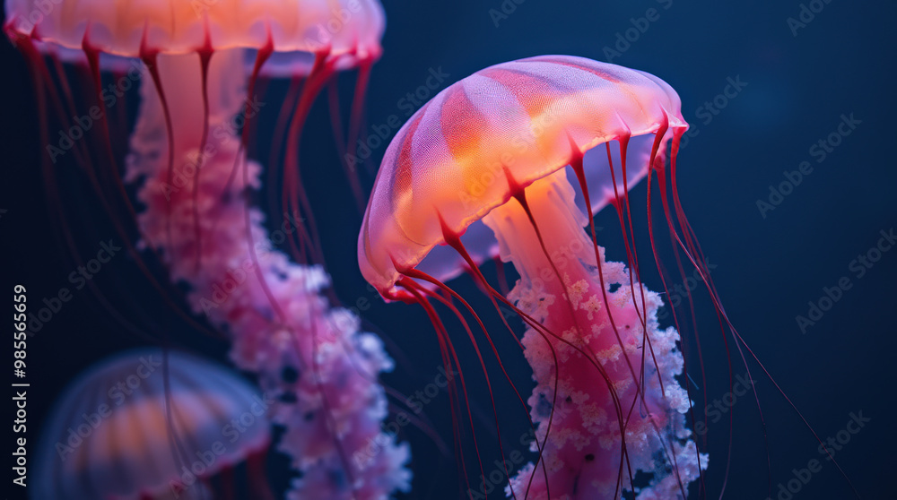 Fototapeta premium Stunning Close-up Jellyfish Portraits in Underwater World: Bioluminescent and Vibrant Marine Life