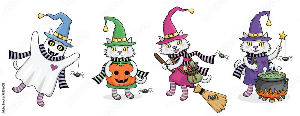 Fototapeta premium Halloween cats. Vector sticker set.