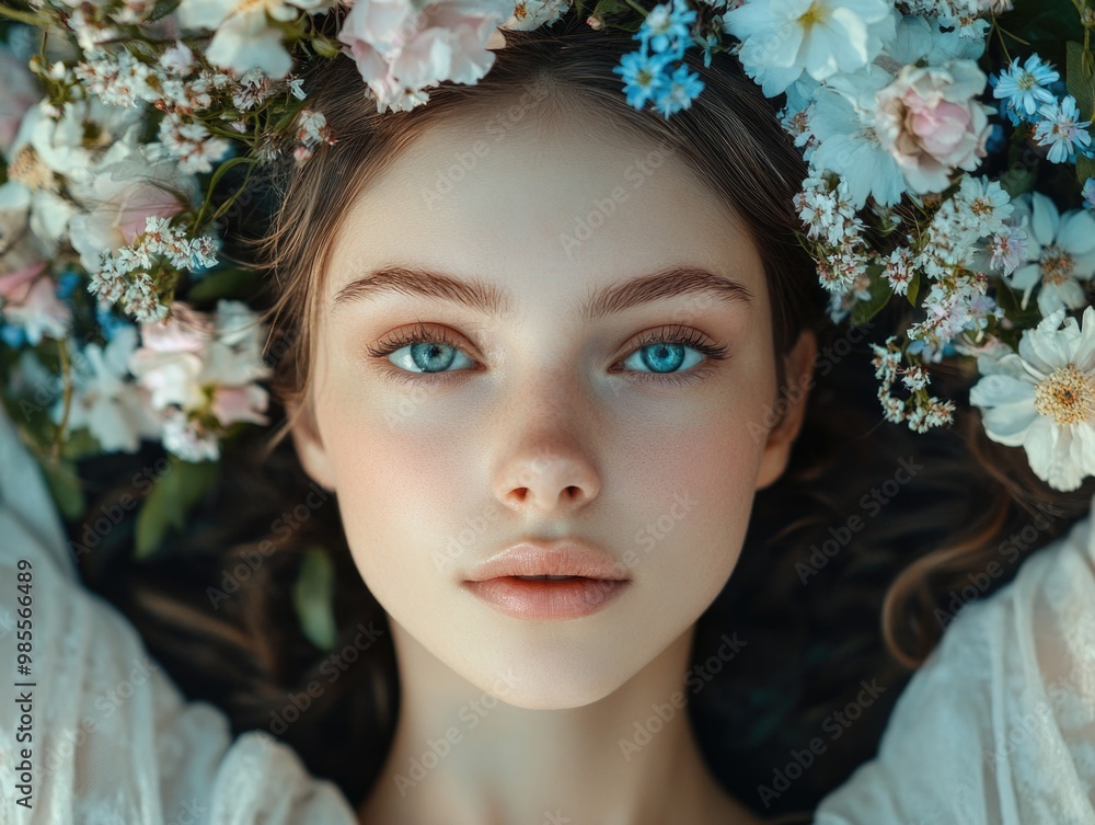 Woman with Blue Eyes in Flower Bed