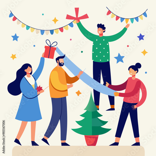 Holiday Cheer: Friends Embrace the Festive Spirit, Decorating for Christmas: A vibrant illustration captures the joyous anticipation of Christmas as friends gather to adorn their home with festive dec