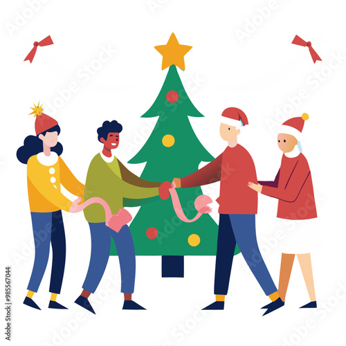 Holiday Cheer: Friends Unite for Festive Tree Decoration - A heartwarming illustration captures the spirit of Christmas as a diverse group of friends joyfully decorate their Christmas tree.