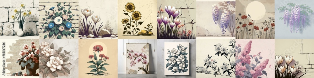 Obraz premium Flowers drawing on stone wall. Vintage style. AI generated illustration