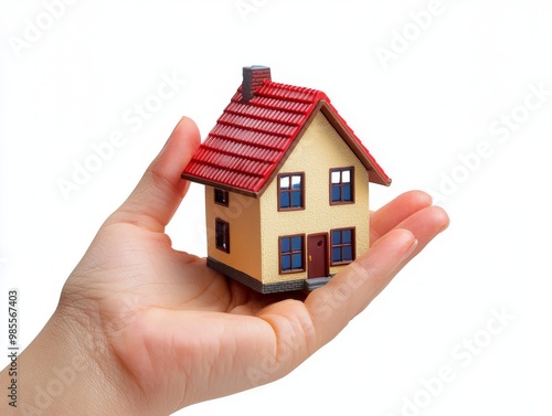 hand, house, building, home, red, roof, isolated, white, background, real, estate, 