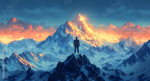 A Man in a Suit Standing atop a Mountain, Celebrating Achievement and Success in a Vector Illustration