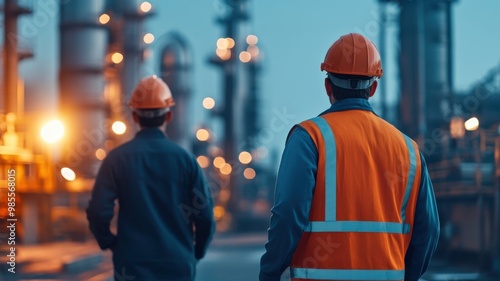 Engineers Walking Through a Refinery at Dusk