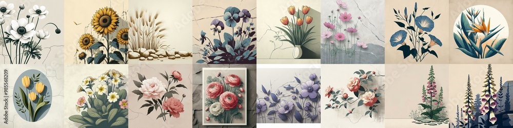 Obraz premium Flowers drawing on stone wall. Vintage style. AI generated illustration