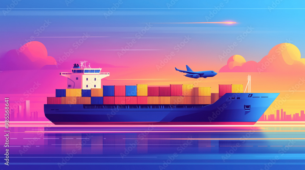 Fototapeta premium cargo ship with colorful containers sails under vibrant sunset sky