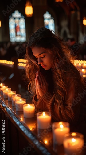 Young Woman Praying in Candlelit Church with Hands Folded 