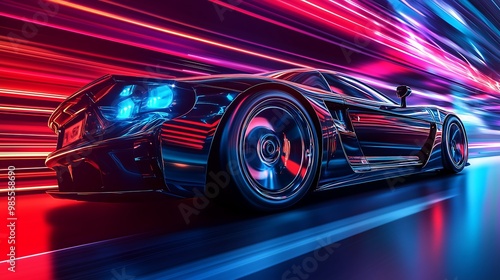 Fast moving modern luxury sport car illustration, light rays in blue and pink on background, fast motion 3d wallpaper