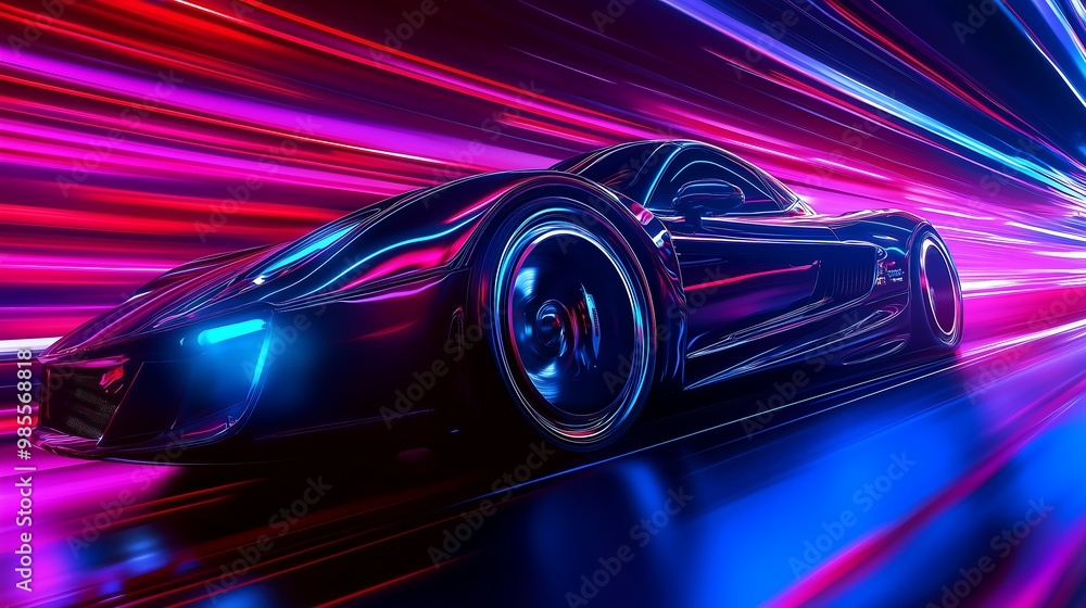 Fast moving modern luxury sport car illustration, light rays in blue and pink on background, fast motion 3d wallpaper Fast moving modern luxury sport car illustration, light rays in blue and pink on background, fast motion 3d wallpaper